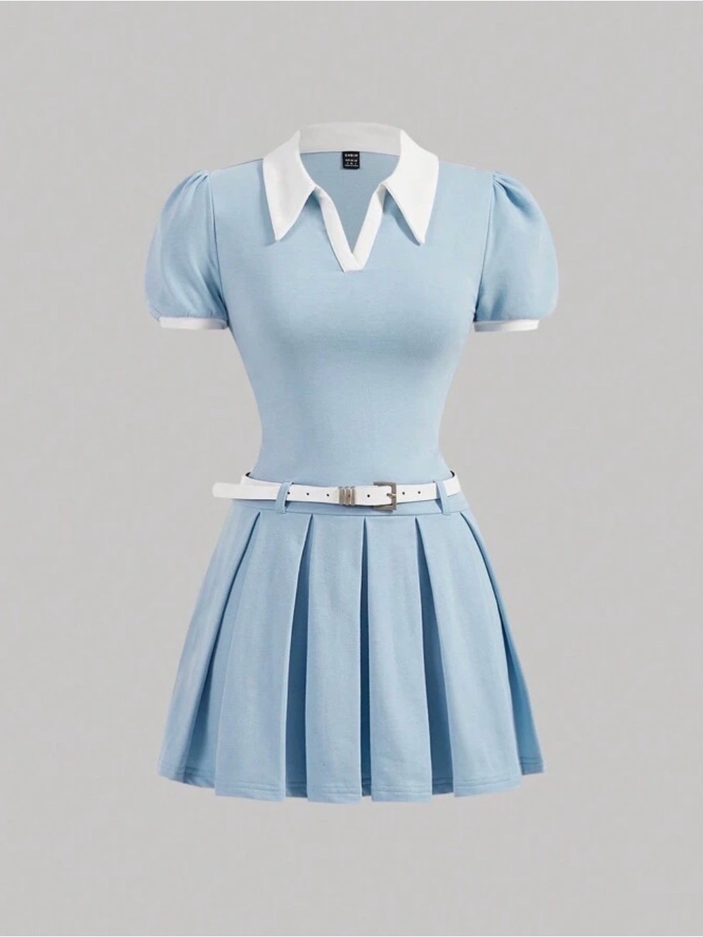 Light Blue Polo Collar Pleated Mini Dress